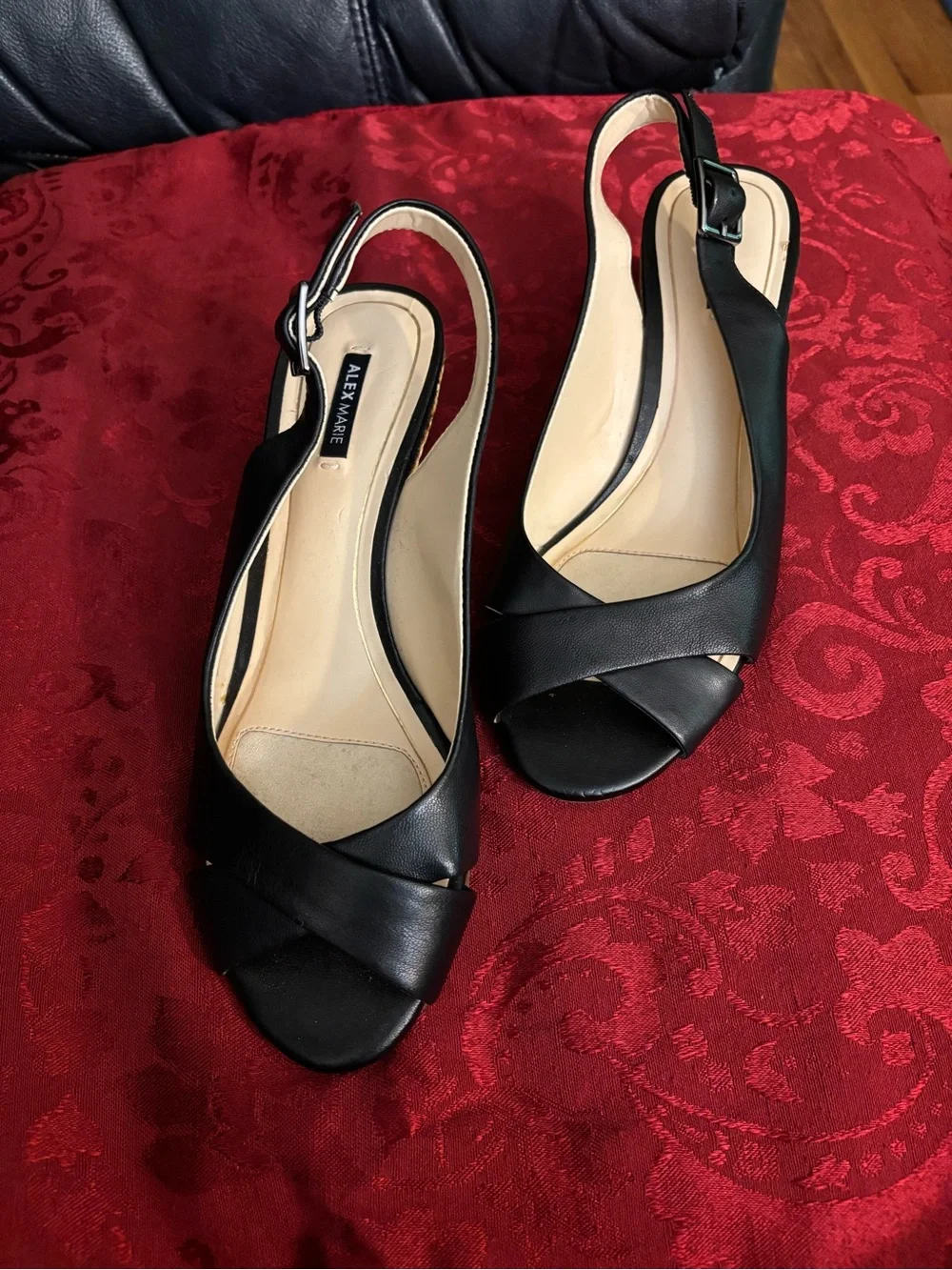 Alex Marie Black Leather Crisscross Slingback Wedges